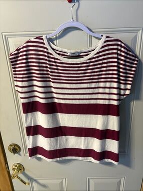 Staccato White and Burgundy Striped Short Sleeve Top Size Large